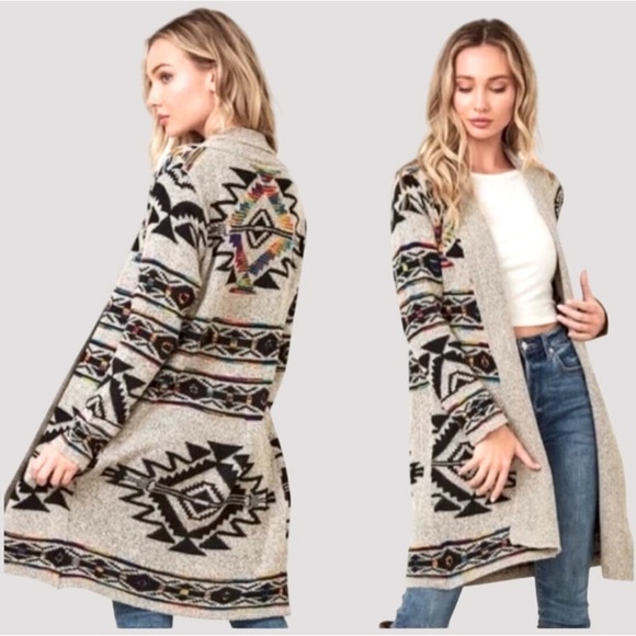 Anthropologie Northern Angel aztec intarsia open front Cardigan, knit sweater - Picture 1 of 9